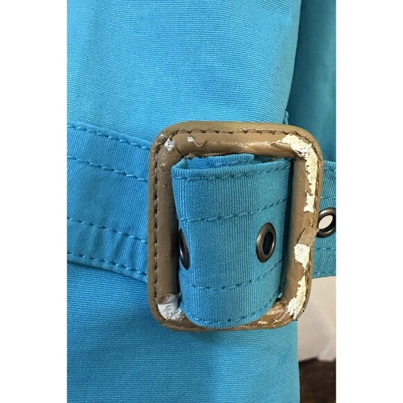 Tulle Turquoise Trench Coat Floral Bird Lining Belted Double Breasted Women’s M - Picture 2 of 9